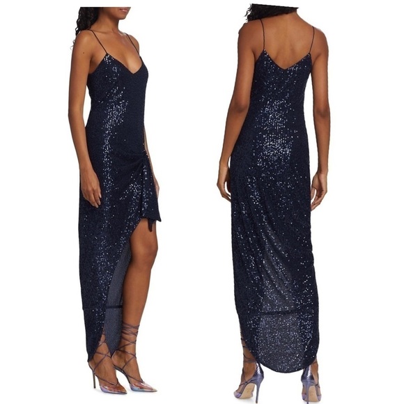 CAROLINE Constas Koren Sequined High Low Asymmetrical Knotted Evening Midi Dress - Picture 3 of 9